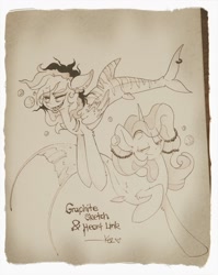 Size: 1019x1280 | Tagged: safe, artist:kez, imported from derpibooru, oc, oc only, oc:graphite sketch, oc:heart ink, merpony, original species, pegasus, shark pony, unicorn, female, gills, traditional art, underwater