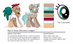 Size: 4928x3007 | Tagged: safe, artist:kez, imported from derpibooru, oc, oc only, oc:rise n shine, earth pony, pony, animal costume, blank flank, chicken suit, clothes, costume, female, mare, reference sheet, solo