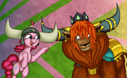 Size: 1415x877 | Tagged: safe, artist:calena, imported from derpibooru, pinkie pie, prince rutherford, pony, yak, not asking for trouble, abstract background, hair over eyes, helmet, honorary yak horns, hornbump, horned helmet, horns, viking helmet