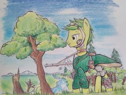 Size: 1280x960 | Tagged: safe, artist:thehuskylord, imported from derpibooru, oc, oc only, pony, bandage, canteen, clothes, cloud, coat, forest, grass, holster, male, mountain, musket, pine tree, river, solo, stallion, thousand yard stare, tired, traditional art, tree, uniform