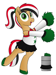 Size: 3000x4000 | Tagged: safe, artist:pananovich, imported from derpibooru, oc, oc only, oc:mr barrel, oc:syriana, earth pony, pony, /mlpol/, bipedal, cheerleader, cheerleader outfit, nation ponies, ponified, ponytail, simple background, smiling, syria, transparent background