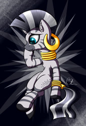 Size: 877x1280 | Tagged: safe, artist:calena, imported from derpibooru, zecora, zebra, abstract background, ear piercing, earring, female, gold, grin, jewelry, mare, piercing, sitting, smiling, solo, thinking