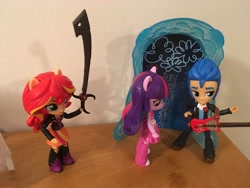 Size: 4032x3024 | Tagged: safe, artist:crazybeast, imported from derpibooru, sunset shimmer, twilight sparkle, equestria girls, doll, equestria girls minis, eqventures of the minis, guitar, irl, photo, sneaking, sword, toy, unsuspecting, weapon