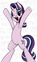 Size: 468x790 | Tagged: safe, artist:anearbyanimal, imported from derpibooru, starlight glimmer, pony, unicorn, armpits, bipedal, excited, female, happy, looking at you, mare, meme, open mouth, smiling, solo, underhoof, wow! glimmer