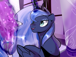 Size: 1024x768 | Tagged: safe, artist:haden-2375, imported from derpibooru, princess luna, alicorn, pony, canterlot castle, cute, female, lavender, lunabetes, mare, open mouth, smiling, solo