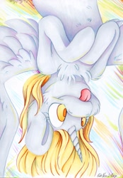 Size: 1725x2472 | Tagged: safe, artist:cutepencilcase, imported from derpibooru, derpy hooves, alicorn, pony, alicornified, chest fluff, derpicorn, female, mare, princess derpy, race swap, smiling, solo, spread wings, tongue out, upside down, wings