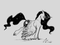 Size: 1200x900 | Tagged: safe, artist:amarynceus, imported from derpibooru, princess luna, alicorn, pony, female, grayscale, lidded eyes, mare, monochrome, solo, spread wings, stretching, unshorn fetlocks, wings