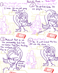 Size: 1280x1611 | Tagged: safe, artist:adorkabletwilightandfriends, imported from derpibooru, spike, starlight glimmer, dragon, pony, unicorn, comic:adorkable twilight and friends, adorkable friends, blushing, car, chest fluff, comic, dialogue, flirting, implied sparlight, lidded eyes, lineart, map, slice of life, smiling, sweat, teasing, volvo