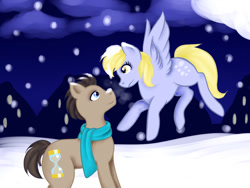 Size: 1024x768 | Tagged: safe, artist:zzpp14, imported from derpibooru, derpy hooves, doctor whooves, time turner, earth pony, pegasus, pony, clothes, doctorderpy, female, male, mare, scarf, shipping, snow, stallion, straight, winter