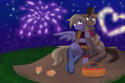 Size: 1024x678 | Tagged: safe, artist:twilightwolf91, imported from derpibooru, derpy hooves, doctor whooves, time turner, pony, blushing, clothes, doctorderpy, female, heart, male, mare, night, picnic, scarf, shipping, socks, stallion, straight