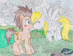 Size: 1024x788 | Tagged: safe, artist:pixiedustandfairies, imported from derpibooru, derpy hooves, doctor whooves, time turner, earth pony, pegasus, pony, blushing, doctorderpy, eyes closed, female, kissing, male, mare, shipping, stallion, straight, traditional art