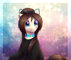 Size: 1300x1100 | Tagged: safe, artist:andyfirelife, artist:fenwaru, imported from derpibooru, oc, oc only, oc:mira, pony, abstract background, clothes, collar, commission, female, mare, shirt, sitting, smiling, solo