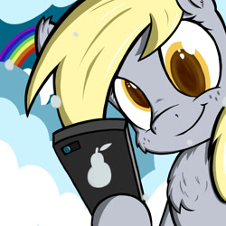 Size: 1500x1500 | Tagged: safe, artist:greenfinger, artist:parassaux, imported from derpibooru, derpy hooves, pegasus, pony, cellphone, cloud, hoof hold, iphone, phone, rainbow, selfie, smartphone, smiling, solo