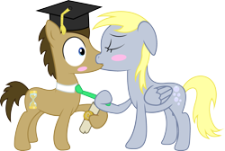 Size: 2447x1641 | Tagged: safe, artist:pixelgrip94, imported from derpibooru, derpy hooves, doctor whooves, time turner, pony, blush sticker, blushing, doctorderpy, eyes closed, female, graduation, hat, kissing, male, mare, shipping, simple background, stallion, straight, transparent background, vector