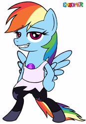 Size: 2548x3676 | Tagged: safe, artist:enzomersimpsons, imported from derpibooru, rainbow dash, pegasus, pony, amethyst, amethyst (steven universe), ankle boots, bipedal, clothes, cosplay, costume, crossover, female, gem, leggings, quartz, solo, steven universe, tanktop