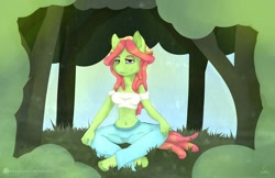 Size: 1024x662 | Tagged: safe, artist:gingerbreadarts, imported from derpibooru, tree hugger, anthro, earth pony, unguligrade anthro, belly button, clothes, crossed legs, female, mare, midriff, pants, patreon, patreon logo, solo