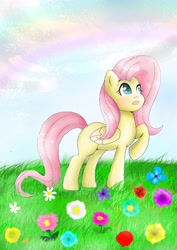Size: 1000x1414 | Tagged: safe, artist:mirageheartbreak, imported from derpibooru, fluttershy, pony, female, flower, folded wings, grass, looking away, looking up, missing cutie mark, open mouth, raised hoof, solo, standing