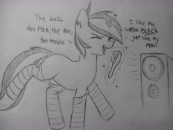 Size: 2560x1920 | Tagged: safe, artist:subimaru_kai, imported from derpibooru, oc, oc only, oc:snowy, pony, blank flank, brush, clothes, colt, foal, hairbrush, male, mindless self indulgence, monochrome, music, singing, socks, solo, speaker, speakers, stockings, striped socks, thigh highs, traditional art