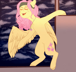Size: 5192x4892 | Tagged: safe, artist:illustrativeauthor, artist:inklynn, imported from derpibooru, fluttershy, pegasus, pony, absurd resolution, bandana, bipedal, eyes closed, female, jewelry, necklace, night, one wing out, open mouth, solo, talking