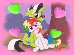 Size: 4000x3000 | Tagged: safe, artist:enzomersimpsons, imported from derpibooru, oc, oc only, oc:pencil borrows, oc:skittles, pony, blushing, couple, cute, floppy ears, glasses, heart, love, rainbow hair, rainbow tail, romance, shipping, tree
