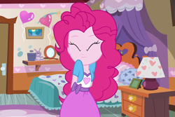 Size: 6000x4000 | Tagged: safe, artist:pixelkitties, artist:spottedlions, imported from derpibooru, pinkie pie, equestria girls, absurd resolution, bed, bedroom, clothes, cute, diapinkes, eyes closed, female, hands behind back, moe, show accurate, skirt, solo