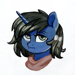 Size: 1600x1600 | Tagged: safe, artist:sapraitlond, imported from derpibooru, oc, oc only, pony, unicorn, bust, clothes, portrait, scarf, simple background, solo, white background