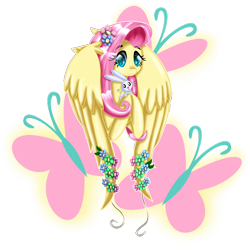 Size: 2000x2000 | Tagged: safe, artist:sonicsonic1, imported from derpibooru, angel bunny, fluttershy, pony, bust, cutie mark background, duo, floppy ears, flower, flower in hair, hoof hold, looking at you, portrait, wings