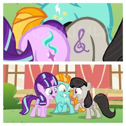 Size: 750x750 | Tagged: safe, edit, edited screencap, imported from derpibooru, screencap, lightning dust, octavia melody, starlight glimmer, earth pony, pegasus, pony, unicorn, female, filly, glimmer glutes, grin, looking at each other, raised hoof, smiling, treblebutt, watermark