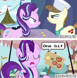 Size: 750x752 | Tagged: safe, edit, edited screencap, imported from derpibooru, screencap, roma, starlight glimmer, earth pony, pony, unicorn, putting your hoof down, applejack's cutie mark, bits, dialogue, eyes closed, food, glare, looking at each other, sign, tomato
