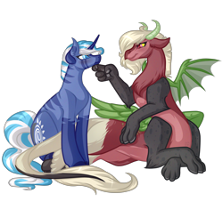 Size: 5500x5000 | Tagged: safe, artist:amazing-artsong, imported from derpibooru, oc, oc only, oc:princess amaya, oc:strawberry fuzz, draconequus, hybrid, unicorn, zebra, zony, absurd resolution, commission, duo, female, horn, looking at each other, mare, simple background, sitting, smiling, transparent background