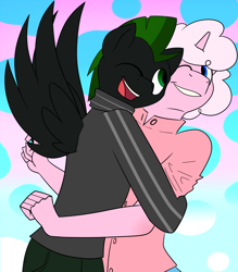 Size: 1400x1600 | Tagged: safe, artist:timidwithapen, imported from derpibooru, oc, oc only, oc:cyrax, oc:drawalot, anthro, pegasus, unicorn, clothes, cuddling, hug