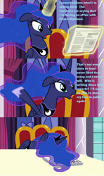 Size: 1280x2161 | Tagged: safe, edit, edited screencap, imported from derpibooru, screencap, princess luna, alicorn, pony, a royal problem, canterlot castle, female, gossip, horrified, lies and libel!, lies and slander!, misspelling, newspaper, solo