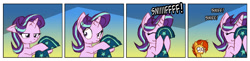 Size: 1437x352 | Tagged: safe, artist:hironakamura, imported from derpibooru, starlight glimmer, sunburst, pony, unicorn, clothes, comic, eyes closed, female, fetish, floppy ears, implied starburst, implied straight, male, mare, olfactophilia, robe, sniffing, stalker, stallion, sunburst's cloak, sunburst's robe