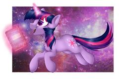 Size: 1519x975 | Tagged: dead source, safe, artist:tortya, imported from derpibooru, twilight sparkle, pony, unicorn, book, chest fluff, cute, female, magic, mare, solo, space, twiabetes, unicorn twilight