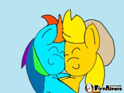 Size: 640x480 | Tagged: safe, artist:shoobaofhooba, imported from derpibooru, applejack, rainbow dash, earth pony, pegasus, pony, animated, appledash, blue background, cute, dashabetes, eyes closed, female, gif, hug, lesbian, shipping, simple background, smiling, snuggling
