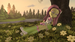 Size: 2000x1125 | Tagged: safe, artist:yanpictures, imported from derpibooru, fluttershy, sweetie belle, pony, unicorn, equestria girls, 3d, boots, clothes, cute, eyes closed, forest, resting, river, scenery, shoes, skirt, socks, source filmmaker, tanktop, tree
