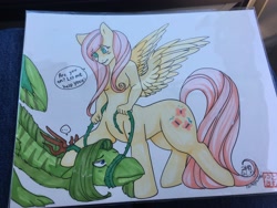 Size: 4032x3024 | Tagged: source needed, useless source url, safe, artist:tomoyuki, imported from derpibooru, fluttershy, oc, oc:rye, anthro, centaur, dragon, taur, anthro centaur, centaurshy, duo, female, pegataur, ponytaur, strategically covered, traditional art