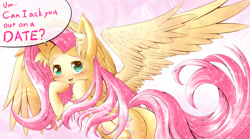 Size: 2000x1110 | Tagged: safe, artist:phoenixperegrine, imported from derpibooru, fluttershy, pegasus, pony, blushing, bronybait, butt, cute, dialogue, ear fluff, female, looking at you, mare, open mouth, plot, shyabetes, smiling, solo, sparkles, speech bubble, spread wings, wings
