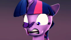 Size: 1920x1080 | Tagged: safe, artist:flushthebatsanta, imported from derpibooru, twilight sparkle, butterfly, pony, 3d, bust, cross-eyed, gradient background, insect on nose, looking at something, scared, source filmmaker