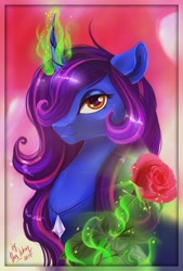Size: 1464x2160 | Tagged: safe, artist:das_leben, imported from derpibooru, oc, oc only, pony, unicorn, bust, female, flower, gem, glowing horn, hair over one eye, jewel, magic, mare, portrait, rose, solo