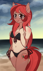 Size: 1735x2894 | Tagged: safe, artist:verawitch, deleted from derpibooru, imported from derpibooru, oc, oc only, oc:lychee, anthro, bat pony, beach, bikini, clothes, female, smiling, solo, swimsuit