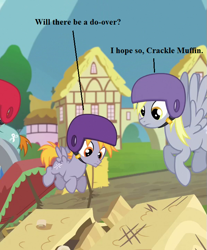 Size: 597x720 | Tagged: safe, edit, edited screencap, imported from derpibooru, screencap, crackle pop, derpy hooves, snips, the cart before the ponies, cropped, dialogue, helmet, text, wreckage