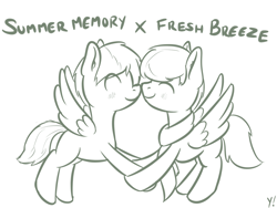 Size: 2000x1500 | Tagged: safe, artist:yakoshi, imported from derpibooru, oc, oc only, oc:fresh breeze, oc:summer memory, pegasus, pony, blushing, boop, eyes closed, gay, male, monochrome, noseboop, oc x oc, shipping, stallion