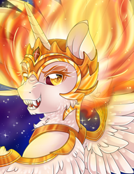 Size: 2834x3685 | Tagged: safe, artist:schokocream, imported from derpibooru, daybreaker, alicorn, pony, a royal problem, fangs, female, helmet, mare, open mouth, smiling, solo