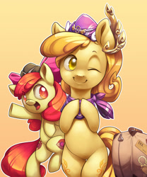 Size: 1200x1444 | Tagged: safe, artist:xennos, imported from derpibooru, apple bloom, oc, oc:kwankao, earth pony, pony, adorabloom, apple bloom's bow, bipedal, both cutie marks, bow, clothes, cute, duo, female, filly, hair bow, hat, mare, one eye closed, open mouth, raised hoof, scarf, suitcase, wink