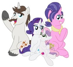 Size: 2000x1846 | Tagged: safe, artist:crazynutbob, imported from derpibooru, cookie crumbles, hondo flanks, rarity, sweetie belle, pony, unicorn, cookieflanks, family, female, male, mare, rarity's parents, simple background, stallion, transparent background