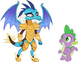 Size: 8094x6400 | Tagged: safe, artist:parclytaxel, imported from derpibooru, princess ember, spike, dragon, gauntlet of fire, .svg available, absurd resolution, armor, dragon armor, female, looking down, looking up, male, simple background, spread wings, transparent background, vector, wings