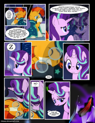 Size: 1275x1650 | Tagged: safe, artist:dsana, imported from derpibooru, starlight glimmer, sunburst, pony, unicorn, comic:the shadow shard, blushing, colored horn, comic, curved horn, disembodied horn, duality, female, horn, inner demons, male, mare, reflection, severed horn, shipping, sleeping, sombra's horn, stallion, starburst, straight, z, zzz