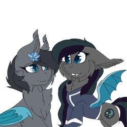 Size: 2560x2560 | Tagged: safe, artist:brokensilence, imported from derpibooru, oc, oc only, oc:moonlitti dusk, oc:seachell, bat pony, pony, blue eyes, blue wings, clothes, cute, cute little fangs, duo, fangs, female, flower, flower in hair, fluffy, simple background, slit eyes, slit pupils, socks, thigh highs, transparent background