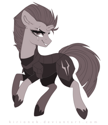 Size: 1024x1178 | Tagged: safe, artist:kirionek, deleted from derpibooru, imported from derpibooru, tempest shadow, pony, unicorn, my little pony: the movie, armor, broken horn, female, mare, monochrome, scar, solo